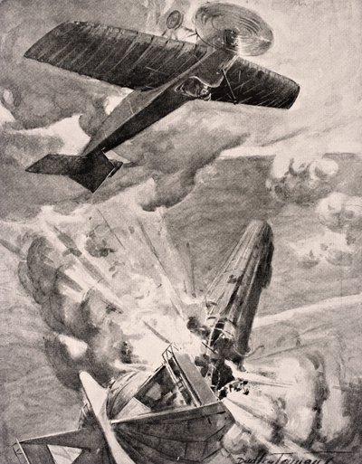 Flugsub-Lieutenant Warneford VC bombardiert und zerstört Zeppelin-Luftschiff 1915, aus 